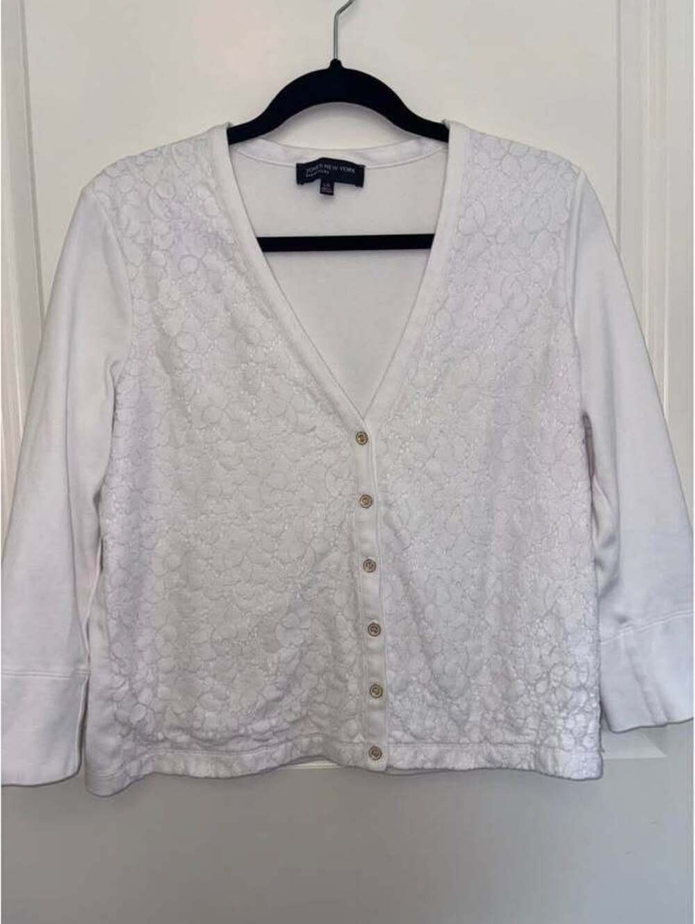 Jones New York Signature White Lace Front Cardigan Size Large
